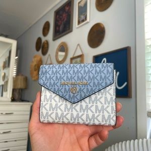 Michael Kors MK trifold blue and white logo wallet used once